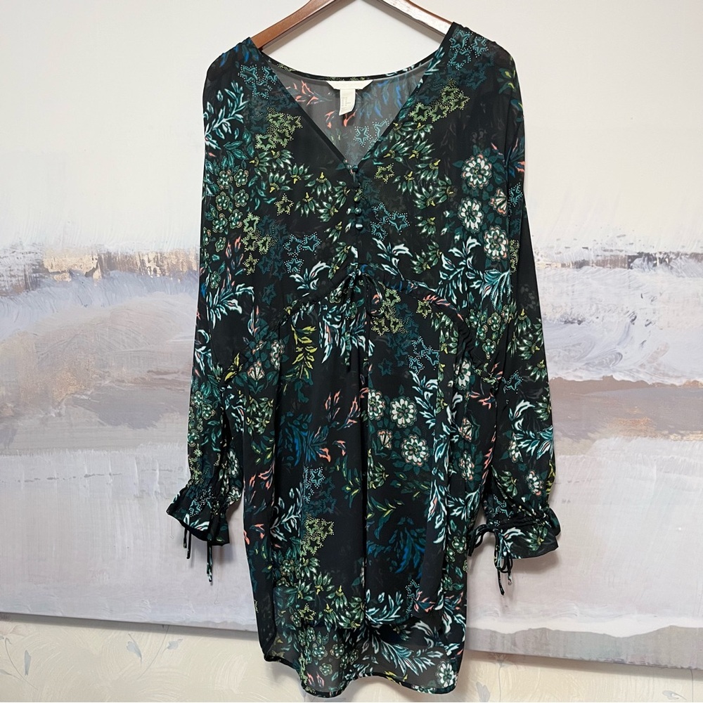 H&M Conscious Beach Cover Up Women Size 12 Floral Drawstring Long Ruffle Sleeve‎